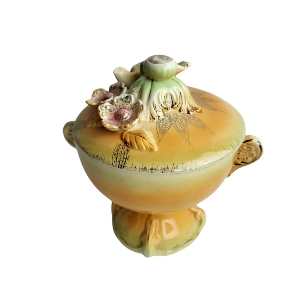 Vtg Handpainted Raised Bird Flowers Betson Japan Lidded Pedestal Compote Bowl